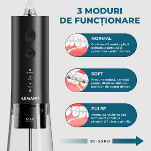 Irigator Oral Profesional, Dus Bucal Lemann PRO-5000, Portabil, 1400 pulsatii/min, 3 Moduri, Rezervor 300ml , Timer 2 minute, Functie Smart Start, 5 Duze si Cablu USB-C inlcuse, Materiale non-toxice, Negru - Img 4