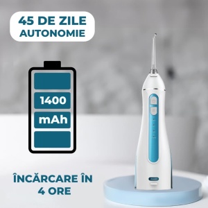 Irigator Oral Profesional, Dus Bucal, Lemann PRO-4000, Portabil, 1400 pulsatii/min, 4 Moduri, Rezervor 200ml , Timer 2 minute, 5 Duze si Cablu USB inlcuse, Materiale non-toxice, Alb-Albastru - Img 2