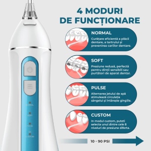 Irigator Oral Profesional, Dus Bucal, Lemann PRO-4000, Portabil, 1400 pulsatii/min, 4 Moduri, Rezervor 200ml , Timer 2 minute, 5 Duze si Cablu USB inlcuse, Materiale non-toxice, Alb-Albastru - Img 6