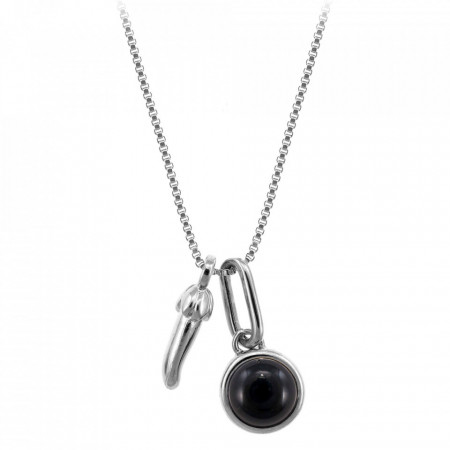 Colier placat cu argint Lucky Chili Pepper si piatra semipretioasa Black Agate (Agat Negru)-Argintiu-8470