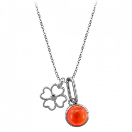 Colier placat cu argint Lucky Four Leaf Clover si piatra semipretioasa Red Agate (Agat Rosu)-Argintiu-8491