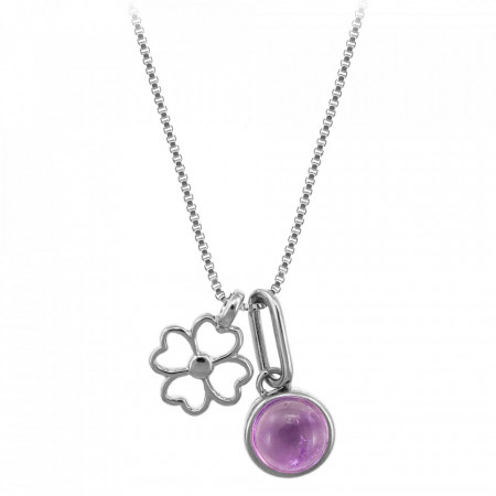 Colier placat cu argint Lucky Four Leaf Clover si piatra semipretioasa Ametist-Argintiu-8472