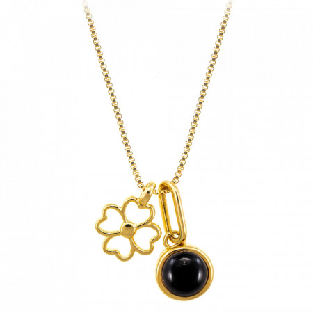 Colier placat cu aur Lucky Four Leaf Clover si piatra semipretioasa Black Agate (Agat Negru)-Auriu-8474