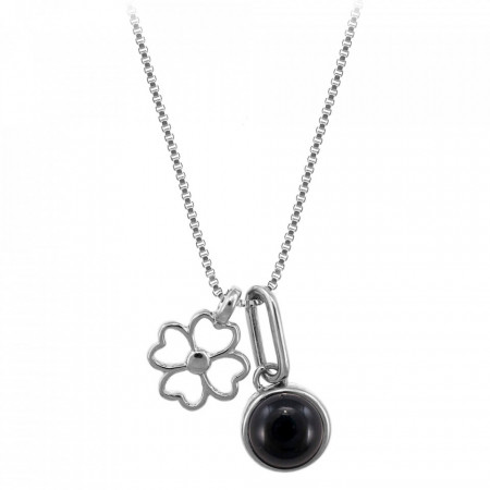 Colier placat cu argint Lucky Four Leaf Clover si piatra semipretioasa Black Agate-Argintiu-8485