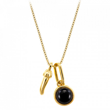 Colier placat cu aur Lucky Chili Pepper si piatra semipretioasa Black Agate (Agat Negru)-Auriu-8478