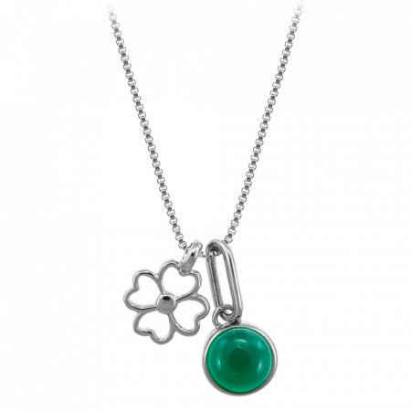 Colier placat cu argint Lucky Four Leaf Clover si piatra semipretioasa Green Agate (Agat Verde)-Argintiu-8489