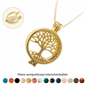 Pandantiv Magic Pendant - Tree of Life, placat cu aur, Secret Stone Collection, cu pietre semipretioase interschimbabile-Auriu-8864