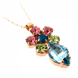 Pandantiv cu lant placat cu Aur roz de 24K, cu cristale Swarovski, Spring Flowers | 5628/1-2141RG-Multicolor-7405