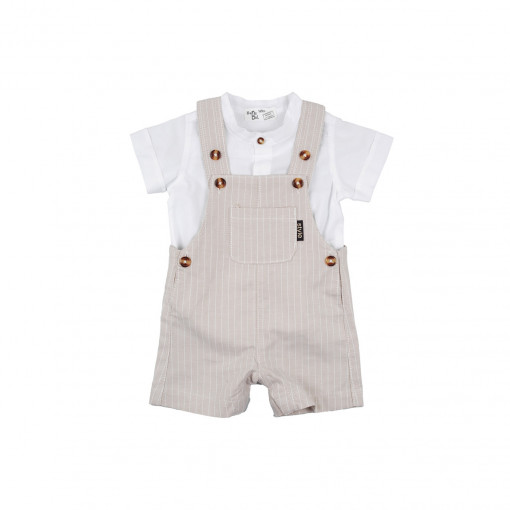 Compleu bebe baiat , camasa alba cu salopeta bej cu dungi, bumbac, Babybol