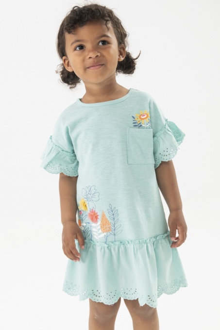 Rochie fete vara bumbac, flori aplicate, turcoaz, brand Boboli