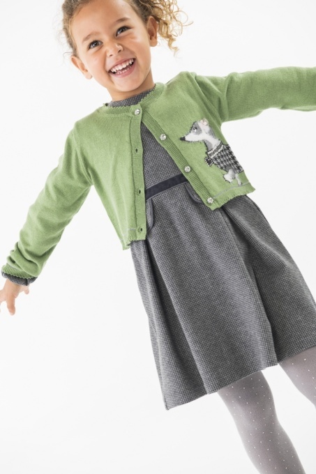 Rochie maneca lunga fetite 1-8 ani, stofa, pepit, gri, Boboli