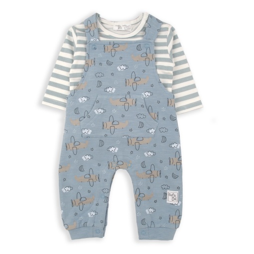 Compleu bebe baiat, bumbac oeko tex, salopeta imprimeu avioane, brand Babybol