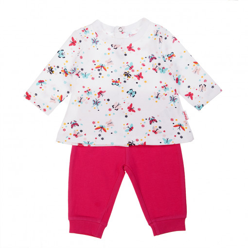 Costumas bebe fetita , tricou imprimeu fluturi multicolori si pantaloni roz, Babybol