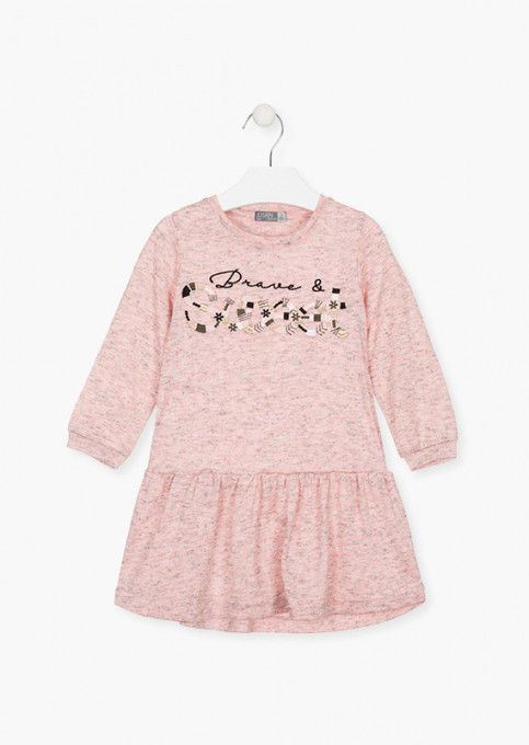Rochie maneca lunga broderie fata, roz