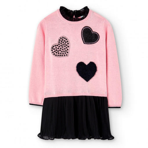 Rochie tricot roz cu inimioare negre, fusta plisata, Boboli