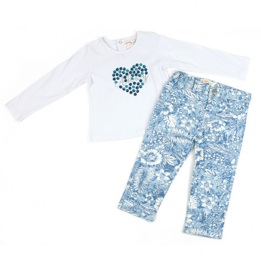 Set tricou maneca lunga si pantaloni imprimeu floral bleu, Babybol