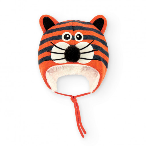Caciula bebe baiat din tricot, model tigru cu urechi, orange, Boboli