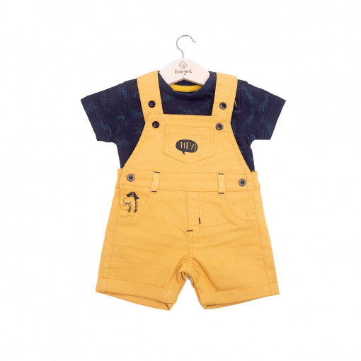 Compleu bebe baiat, salopeta cu bretele bebe si tricou maneca scurta, mustar, Babybol