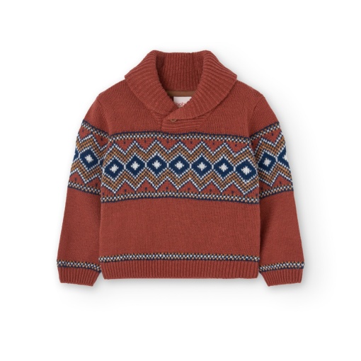 Pulover tricot baieti 1-8 ani, guler anchior, maro cu model, Boboli