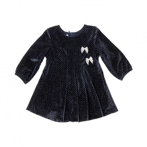Rochie bebe fetita catifea cu fundita argintie, bleumarin, Babybol