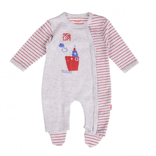 Salopeta bebe maneca lunga , dungi rosii, gri, Babybol