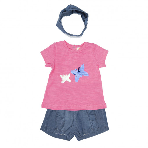 Set vara fetite, tricou paiete reversibile, pantalon scurt si bandana denim, Babybol