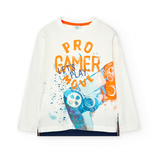 Tricou bumbac maneca lunga baiat, imprimeu text, alb, Boboli