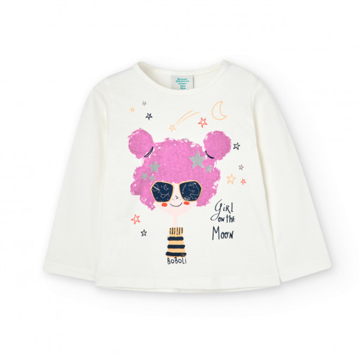 Tricou maneca lunga fete, imprimeu fetita cu par mov, alb, Boboli
