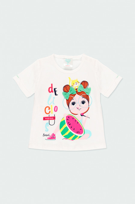 Tricou maneca scurta fete, bumbac, imprimeu fetita , Boboli