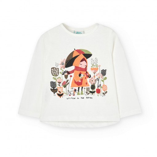 Tricou maneca lunga fetite, bumbac, imprimeu fetita cu umbrela, alb, Boboli