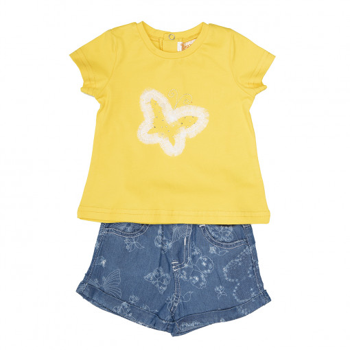 Babybol Set fete tricou galben cu pantalon scurt jeans, fluturi