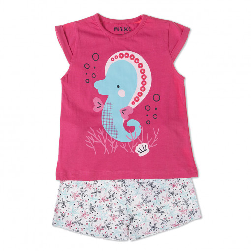 Pijama fete maneca scurta, imprimeu calut de mare, ciclam, Babybol