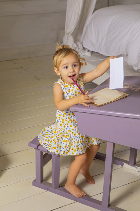 Rochie fetite muselina, imprimeu flori galbene, Babybol