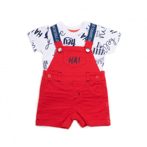 Set bebe, salopeta cu bretele rosie, tricou alb cu print text, Babybol