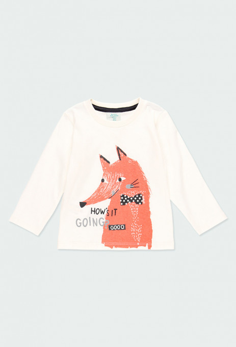 Tricou baiat maneca lunga, imprimeu vulpe, alb, Boboli