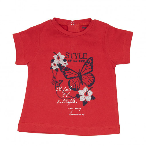 Tricou bumbac fete, maneca scurta, imprimeu fluture, rosu, Babybol