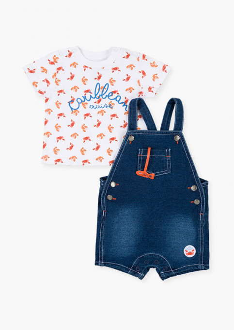 Set bebe baiat salopeta jeans strech cu tricou imprimeu raci, Losan
