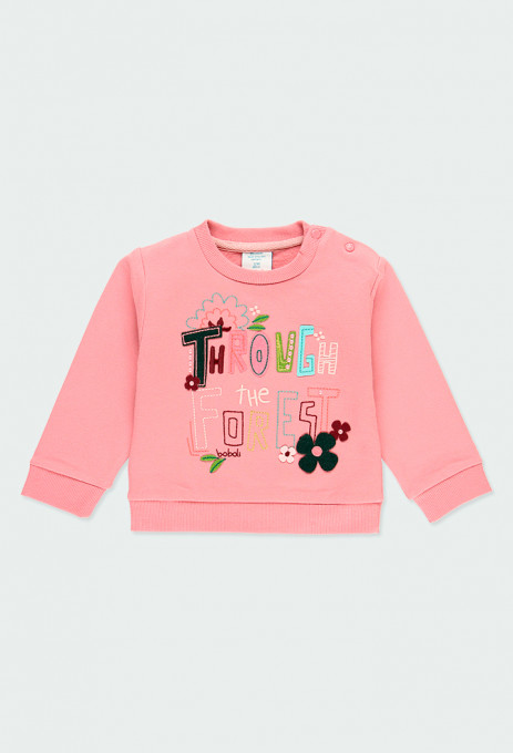 Tricou maneca lunga vatuit, broderie florala, roz, Boboli
