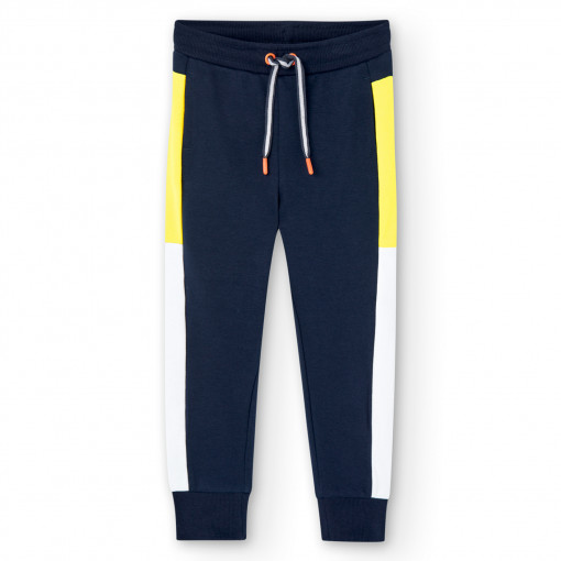 Pantaloni trening baiat, bumbac, bleumarin/galben Boboli