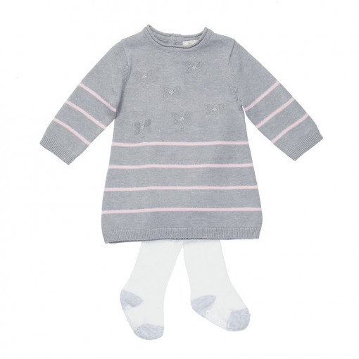 Rochie tricot maneca lunga, gri cu dungi roz Babybol
