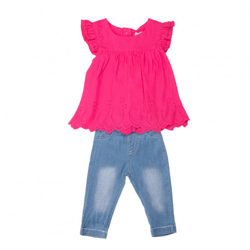 Set fete Babybol, bluza brodata fucsia si pantalon jeans subtire, aspect uzat