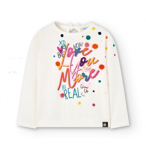 Tricou maneca lunga fete, bumbac certificat oeko-tex, text multicolor, alb, Boboli
