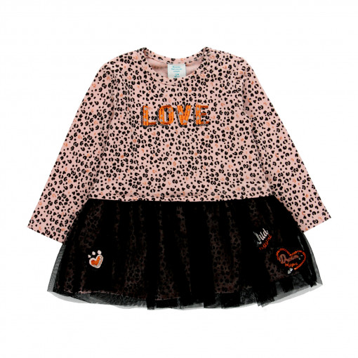 Rochie fete jersey cu maneca lunga, animal print cu tulle, roz, Boboli