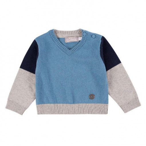 Pulover tricot baiat in V, blue, Boboli