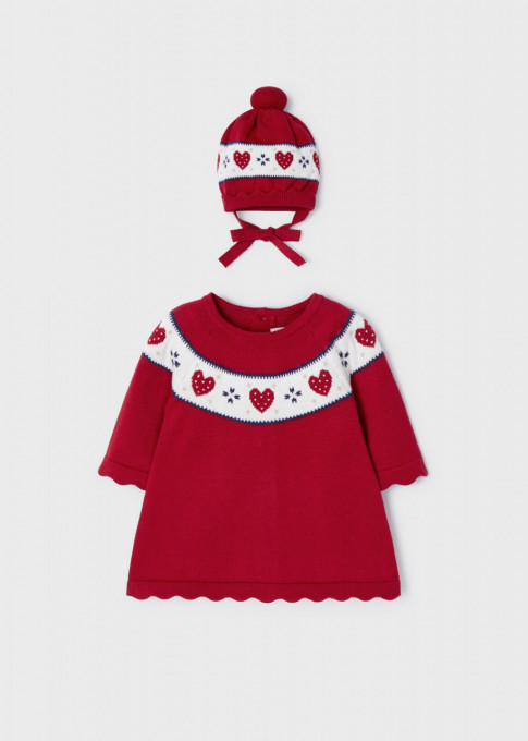 Rochie craciun bebe fetita tricot cu caciula, rosie