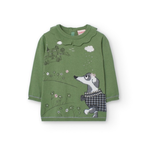 Rochie tricot fetite, broderie catel cu strasuri aplicate si perle, verde, Boboli