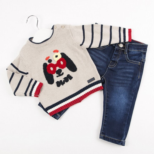 Set 2 piese baiat , pulover tricot cu pantalon jeans,Babybol