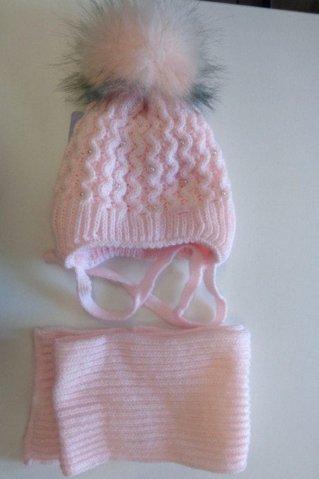 Set caciula cu fular bebe fata, roz, tricot