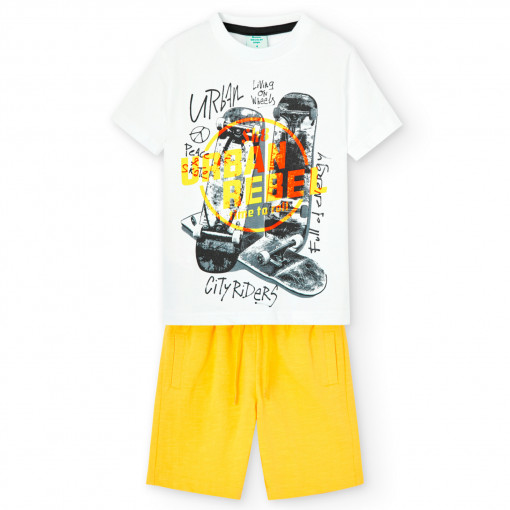 Compleu baiat vara, tricou maneca scurta cu sort galben, bumbac, Boboli