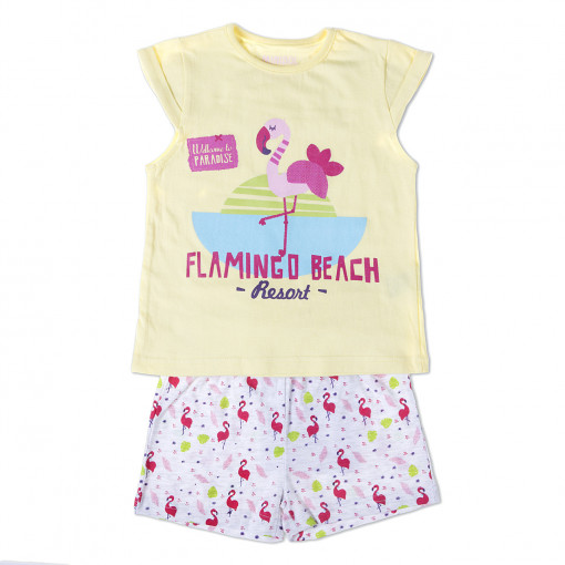 Pijama fete2-14 ani, maneca scurta, imprimeu flamingo, Babybol